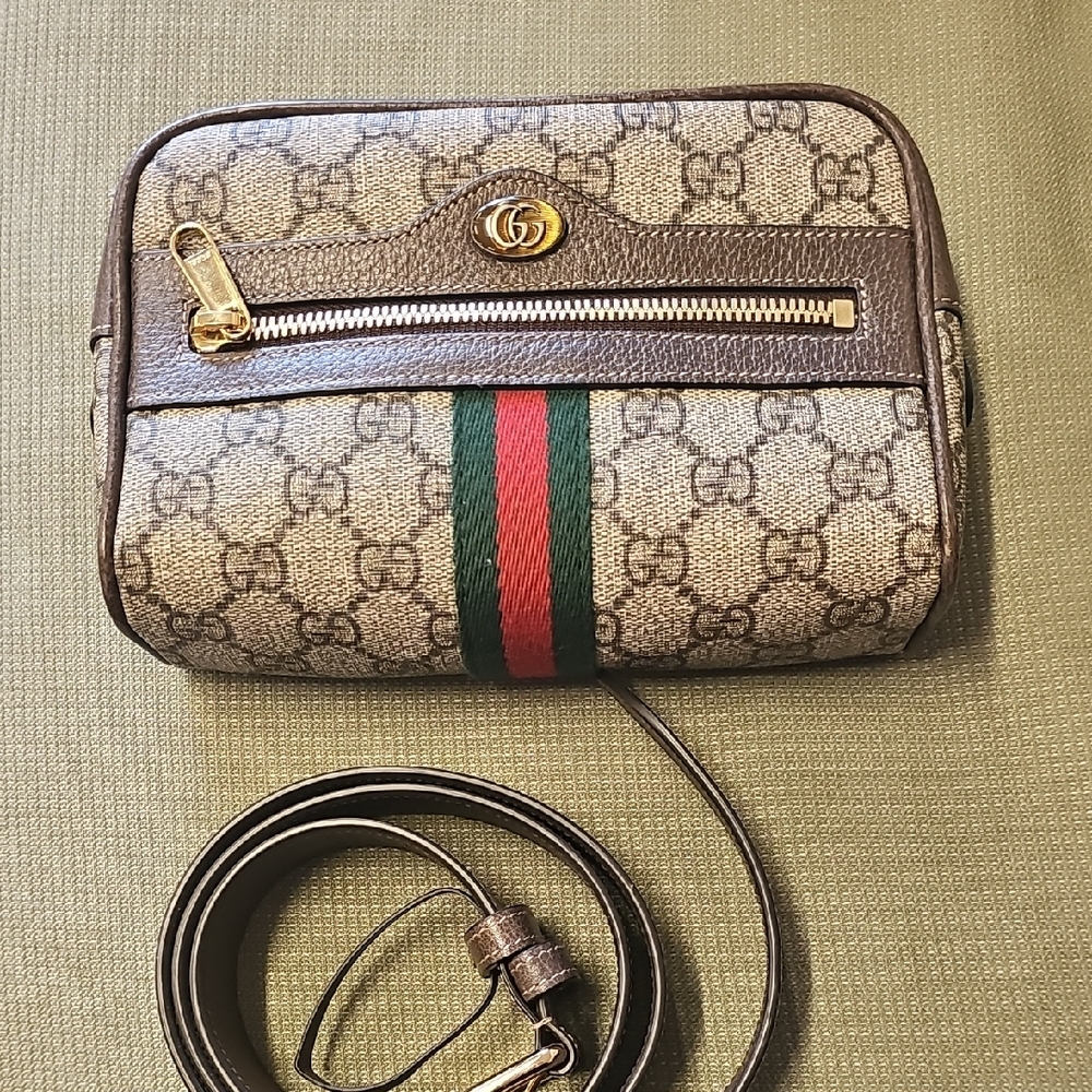Gucci Beige and Brown Crossbody Bag with Gold Accents